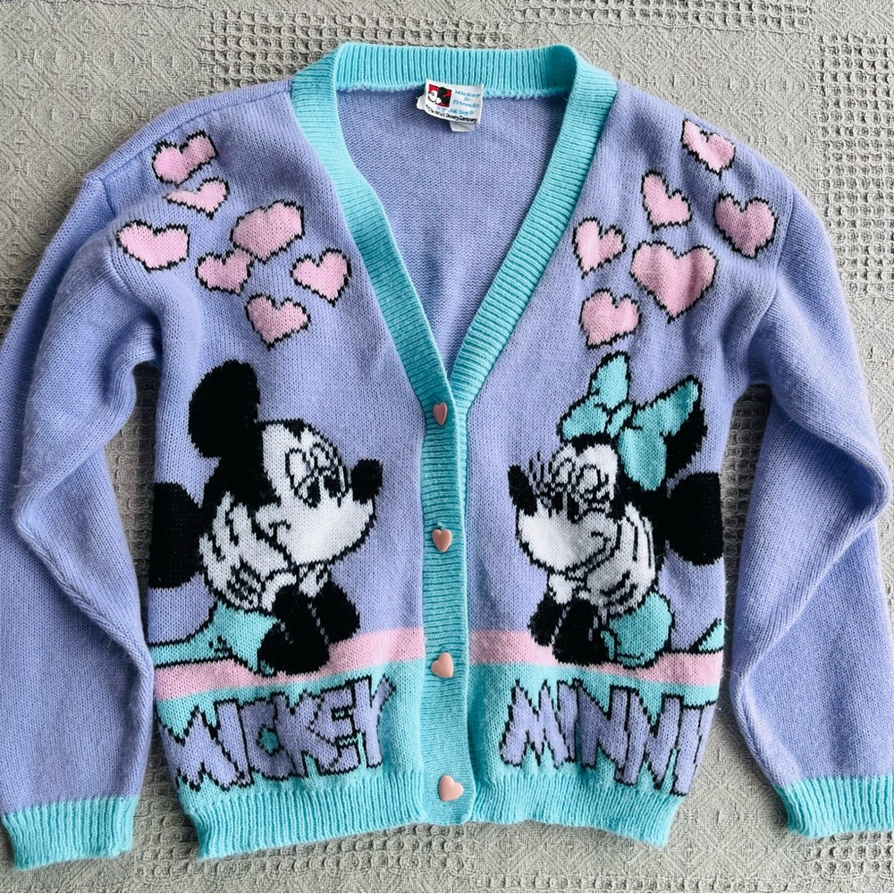 Vintage Girl’s Mickey & Minnie Mouse Disney By Jet Set Knit Cardigan Sweater M
